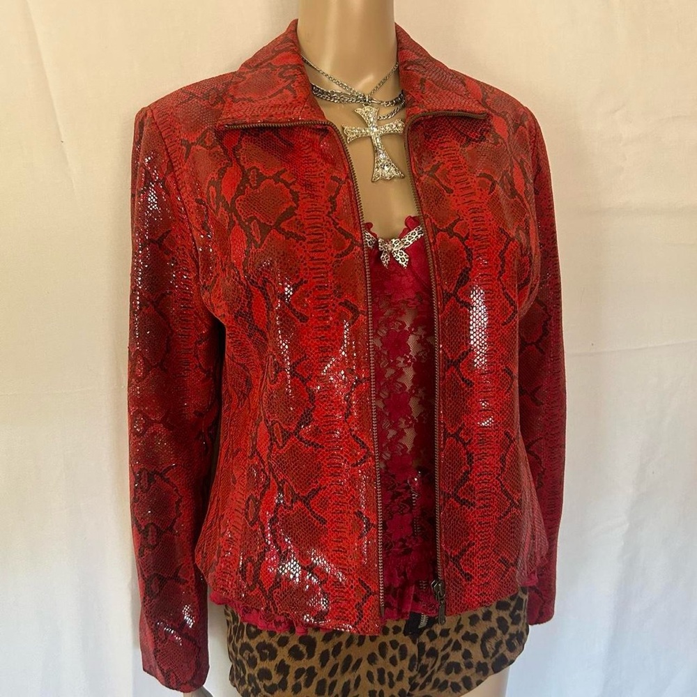 Vintage genuine leather snake print Moto jacket